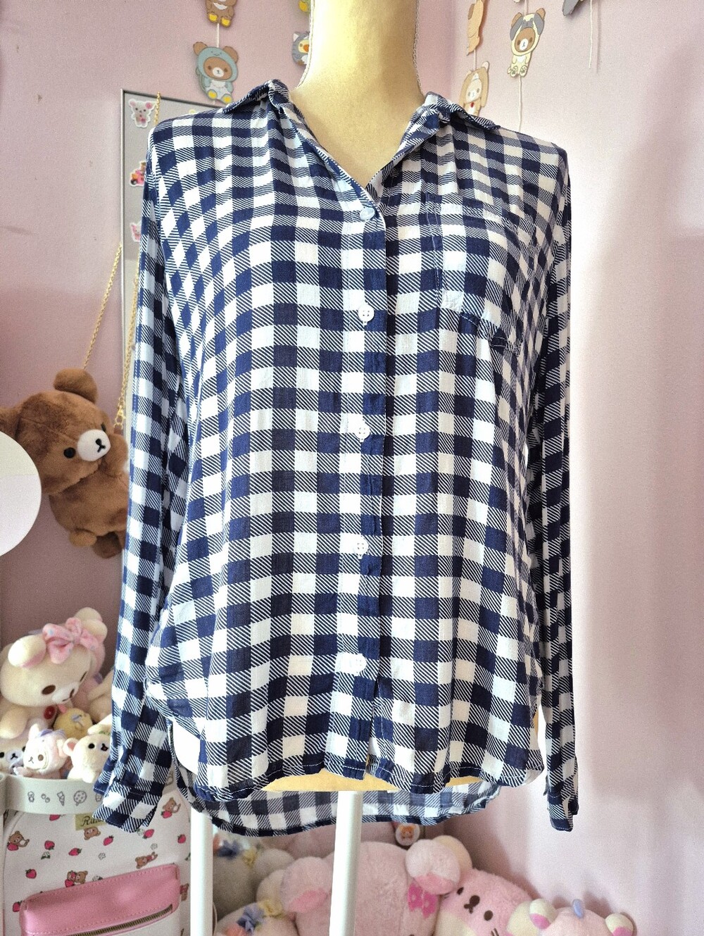 Cloth & Stone Light Drapey Navy Blue & White Check Plaid Button Down Shirt